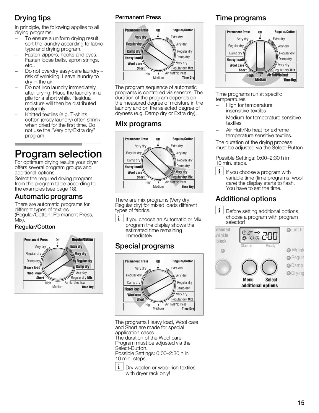 Bosch Appliances WTMC6521UC Drying tips, Time programs, Mix Programs, Automatic programs, Special programs 