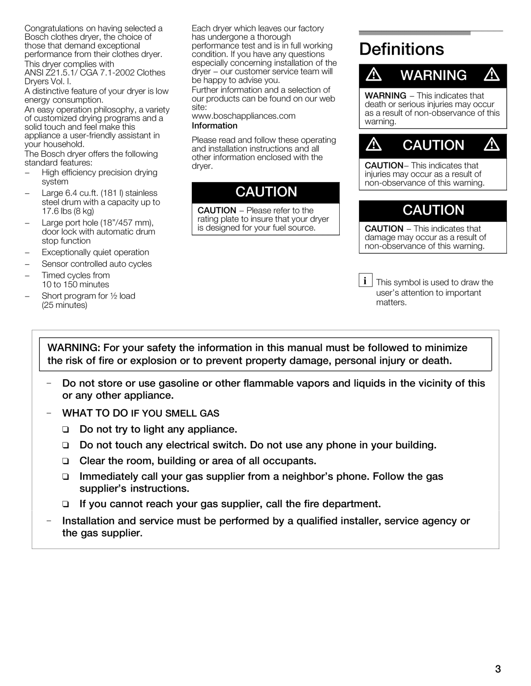 Bosch Appliances WTMC6521UC installation instructions Definitions 