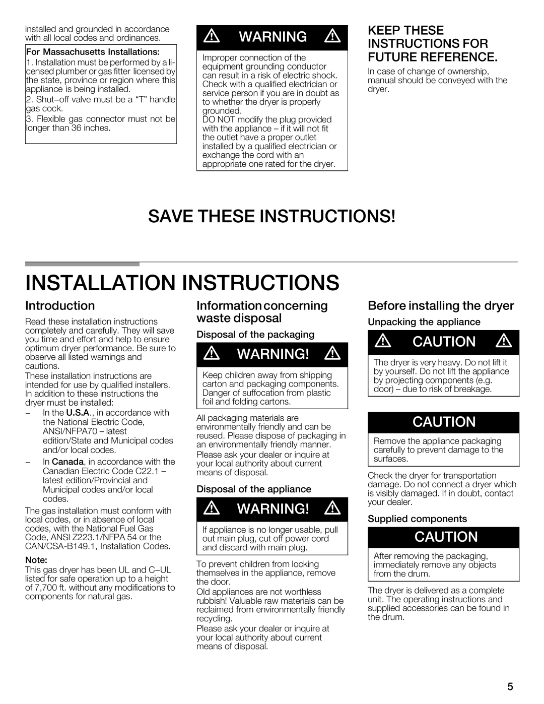 Bosch Appliances WTMC6521UC Installation Instructions, Introduction Information Concerning Before Installing Dryer 