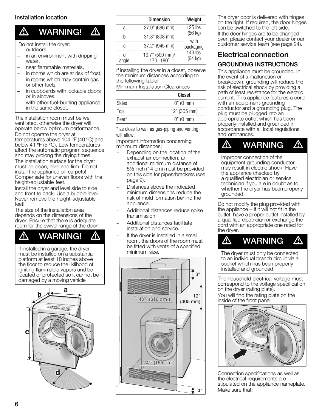 Bosch Appliances WTMC6521UC installation instructions Electrical Connection, Installation Location 