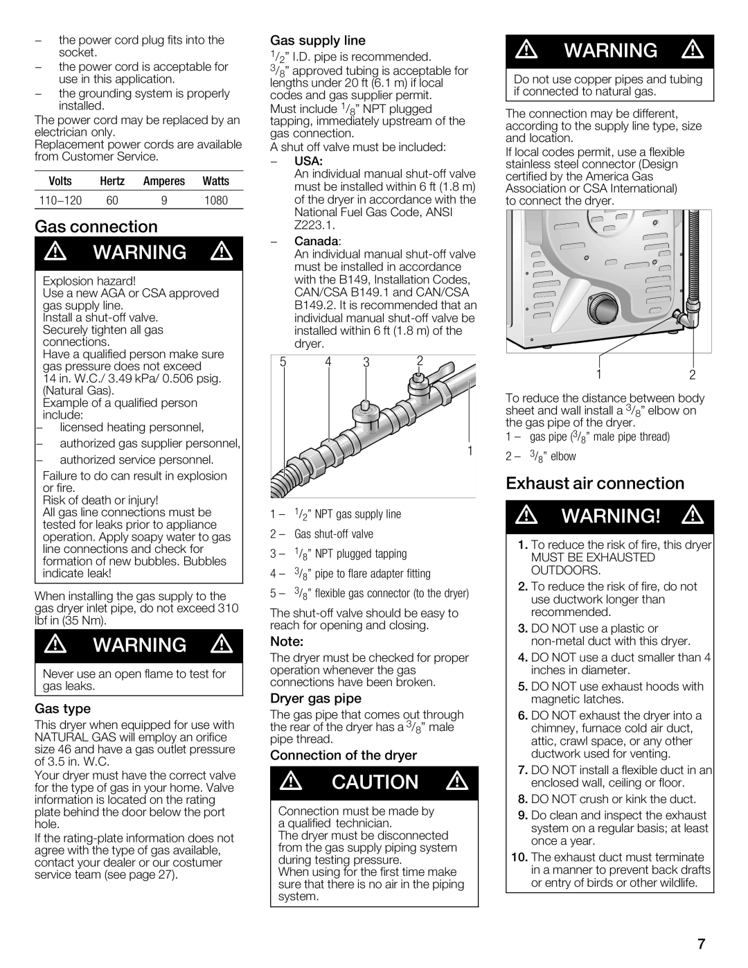 Bosch Appliances WTMC6521UC installation instructions Gas Connection, Exhaust Air Connection 