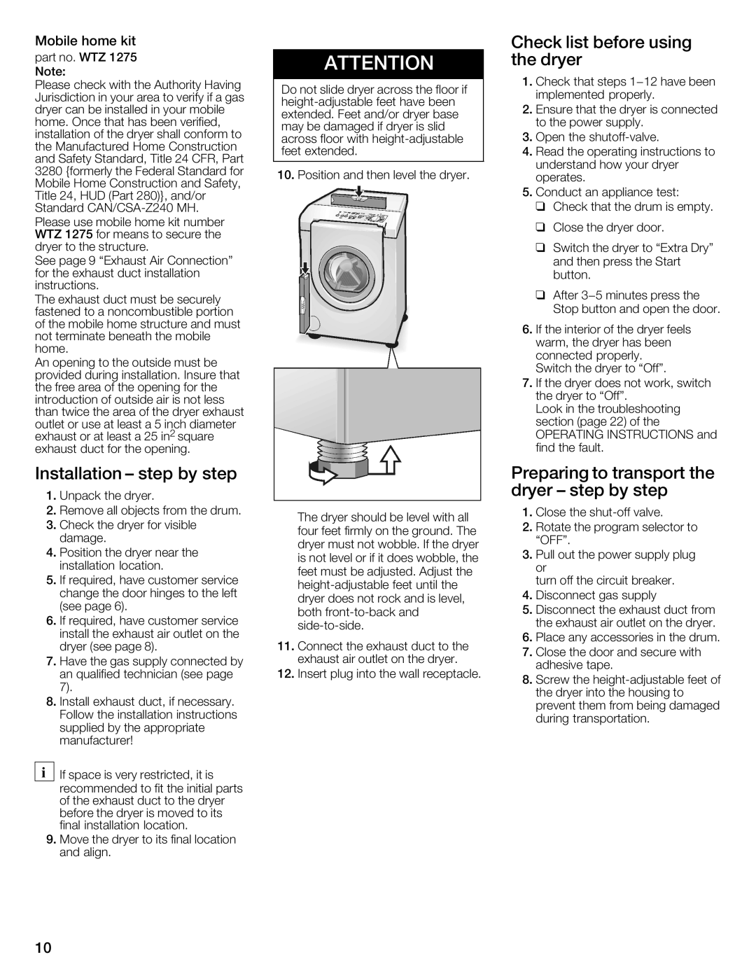 Bosch Appliances WTMC8521UC Check List Before Using, Installation Step by step Preparing Transport, Dryer Step By step 