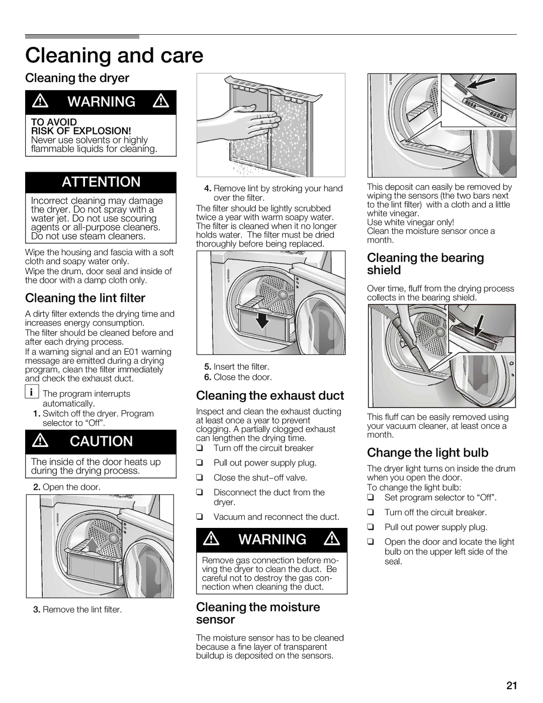 Bosch Appliances WTMC8520UC, WTMC8521UC manual Cleaning and care 