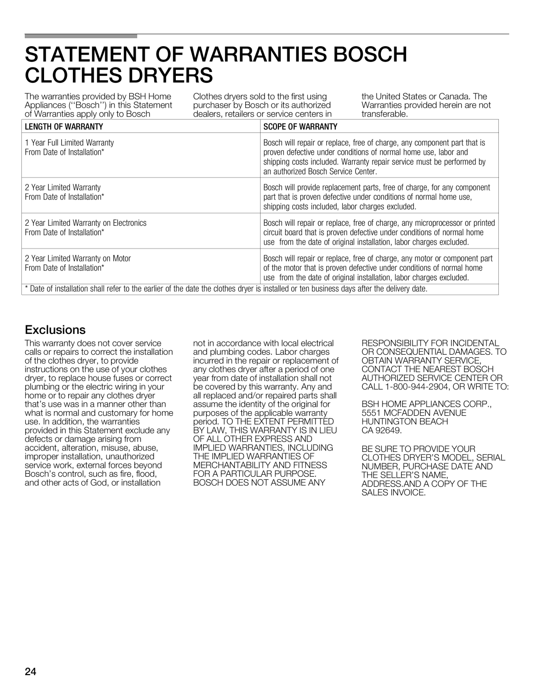 Bosch Appliances WTMC8521UC, WTMC8520UC manual Statement of Warranties Bosch Clothes Dryers, Exclusions 