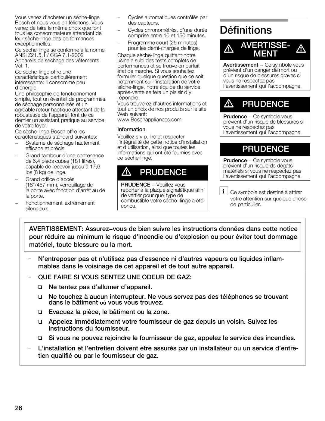 Bosch Appliances WTMC8521UC, WTMC8520UC manual Définitions, AVERTISSE\MENT d 