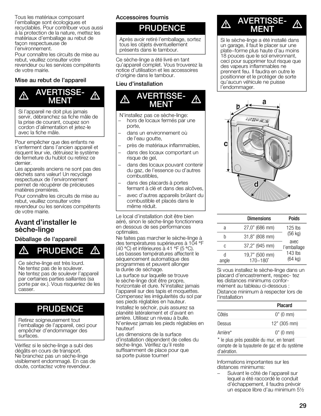 Bosch Appliances WTMC8520UC, WTMC8521UC manual Avant Dinstaller, Sèche\linge 