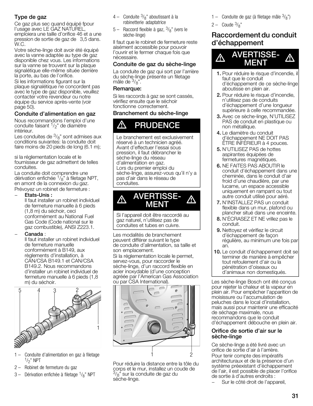 Bosch Appliances WTMC8520UC, WTMC8521UC manual Raccordement Conduit, Déchappement 