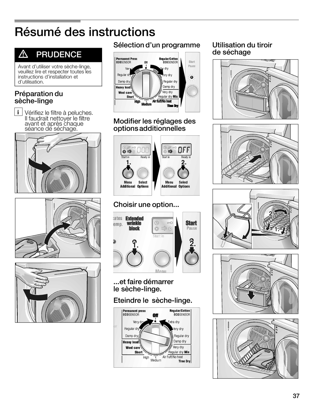 Bosch Appliances WTMC8520UC, WTMC8521UC manual Résumé des instructions, Préparation du sèche\linge, Vérifiez, Séance 