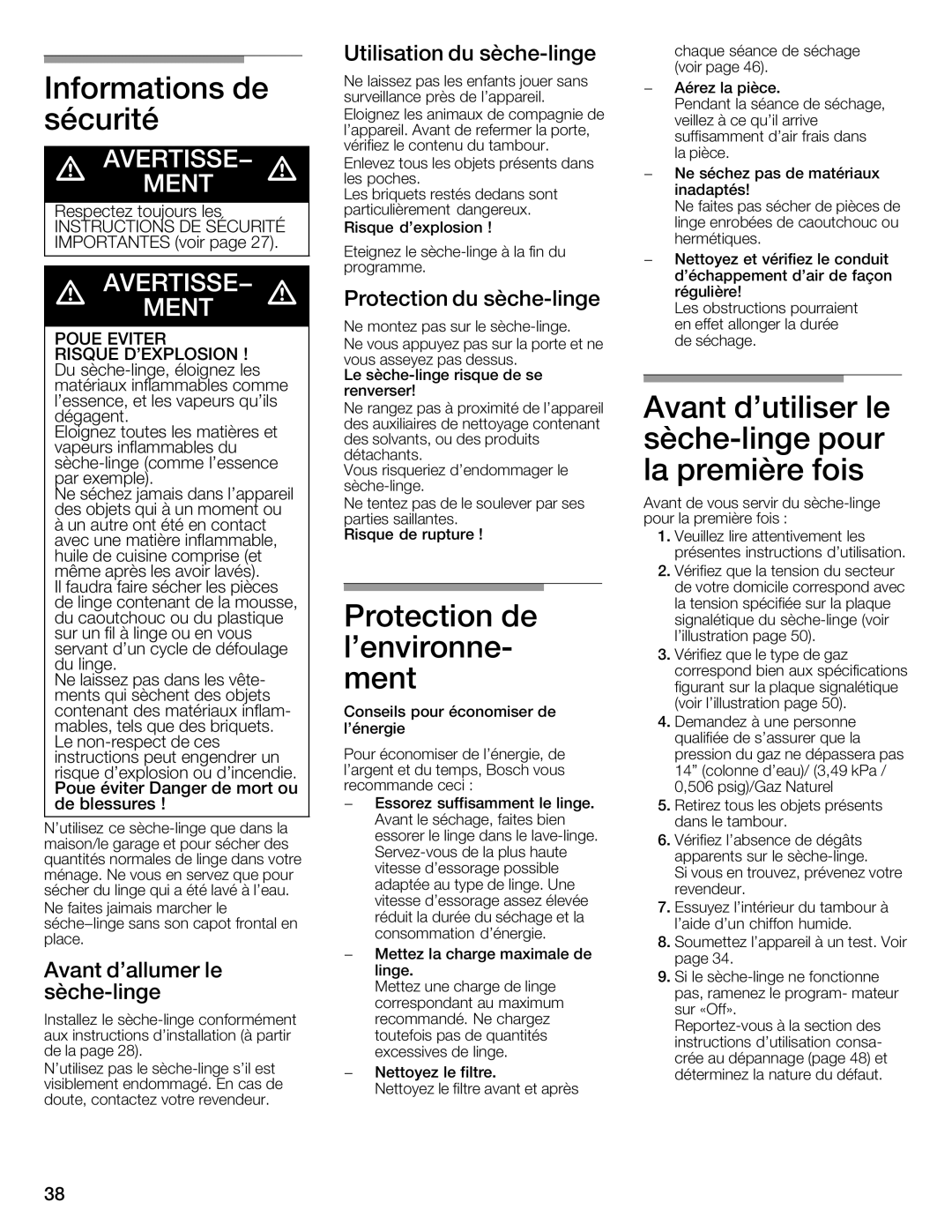 Bosch Appliances WTMC8521UC Informations, Sécurité, Dutiliser, Avant, Sèche\linge Pour, Première Fois, Lenvironne, Ment 