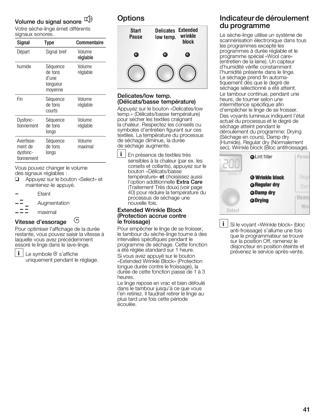 Bosch Appliances WTMC8520UC, WTMC8521UC manual Options Indicateur de déroulement Du programme, Volume du signal sonore 