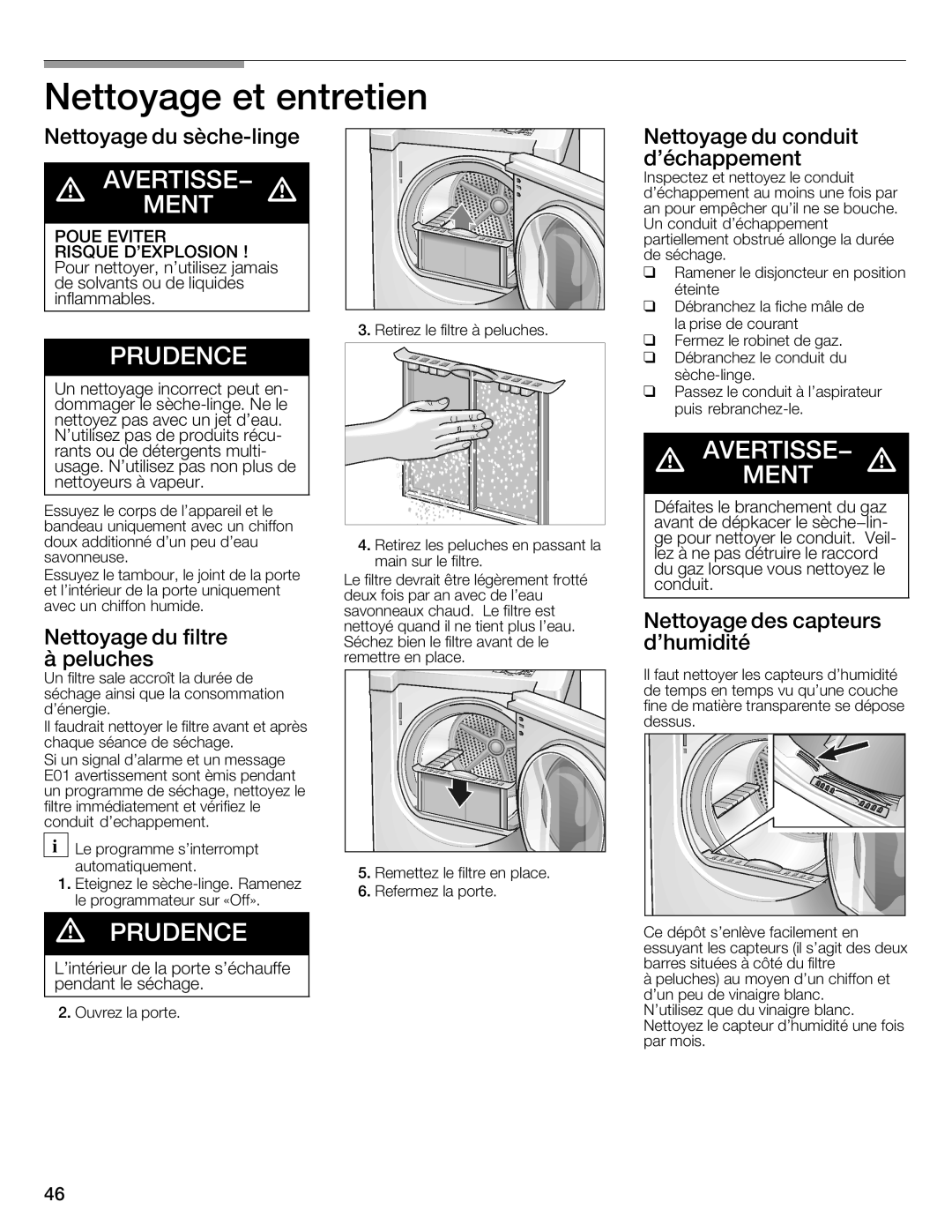 Bosch Appliances WTMC8521UC manual Nettoyage Et entretien, Nettoyage du sèche\linge Du conduit, Nettoyage Filtre, Peluches 