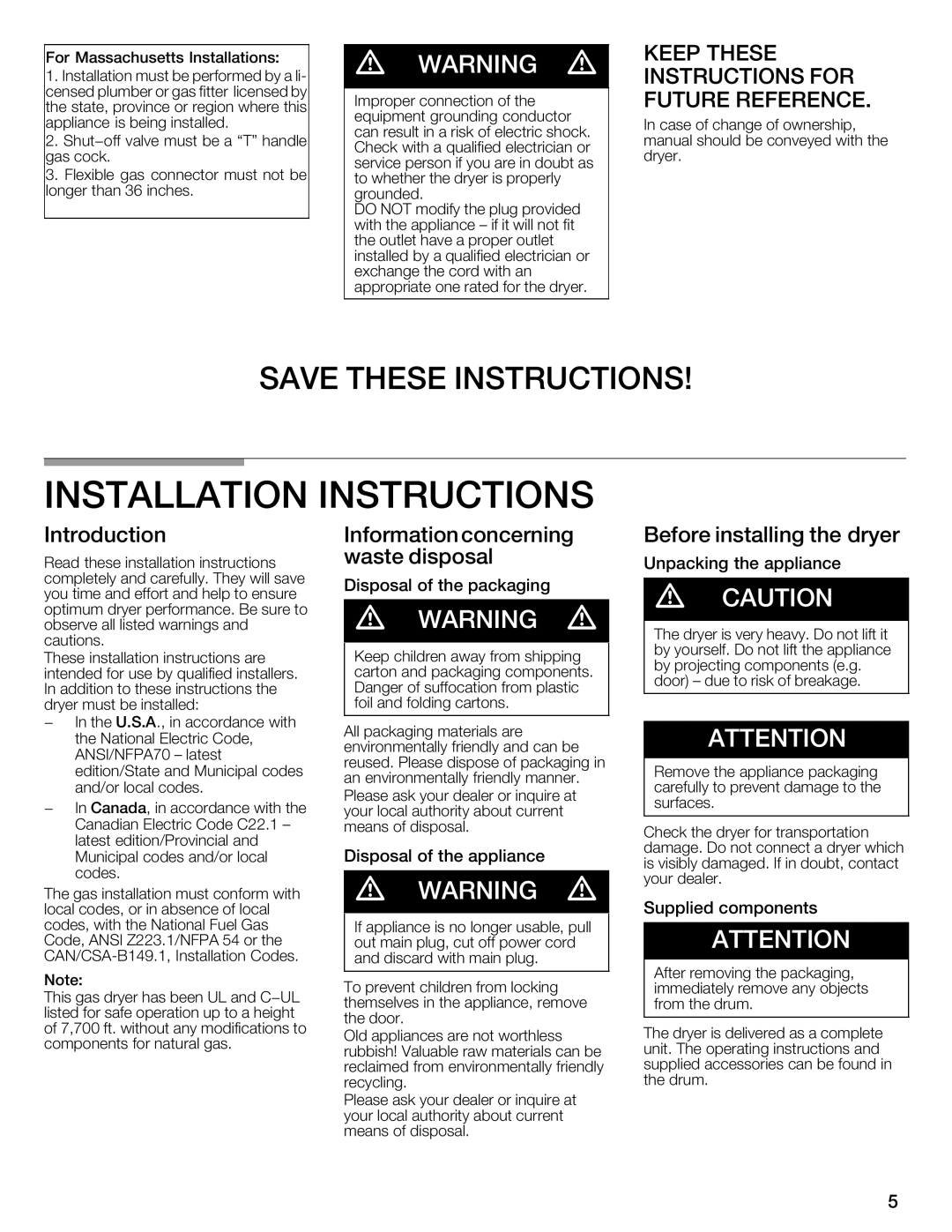 Bosch Appliances WTMC8520UC Installation, Introduction Information Concerning Before Installing Dryer, Waste Disposal 