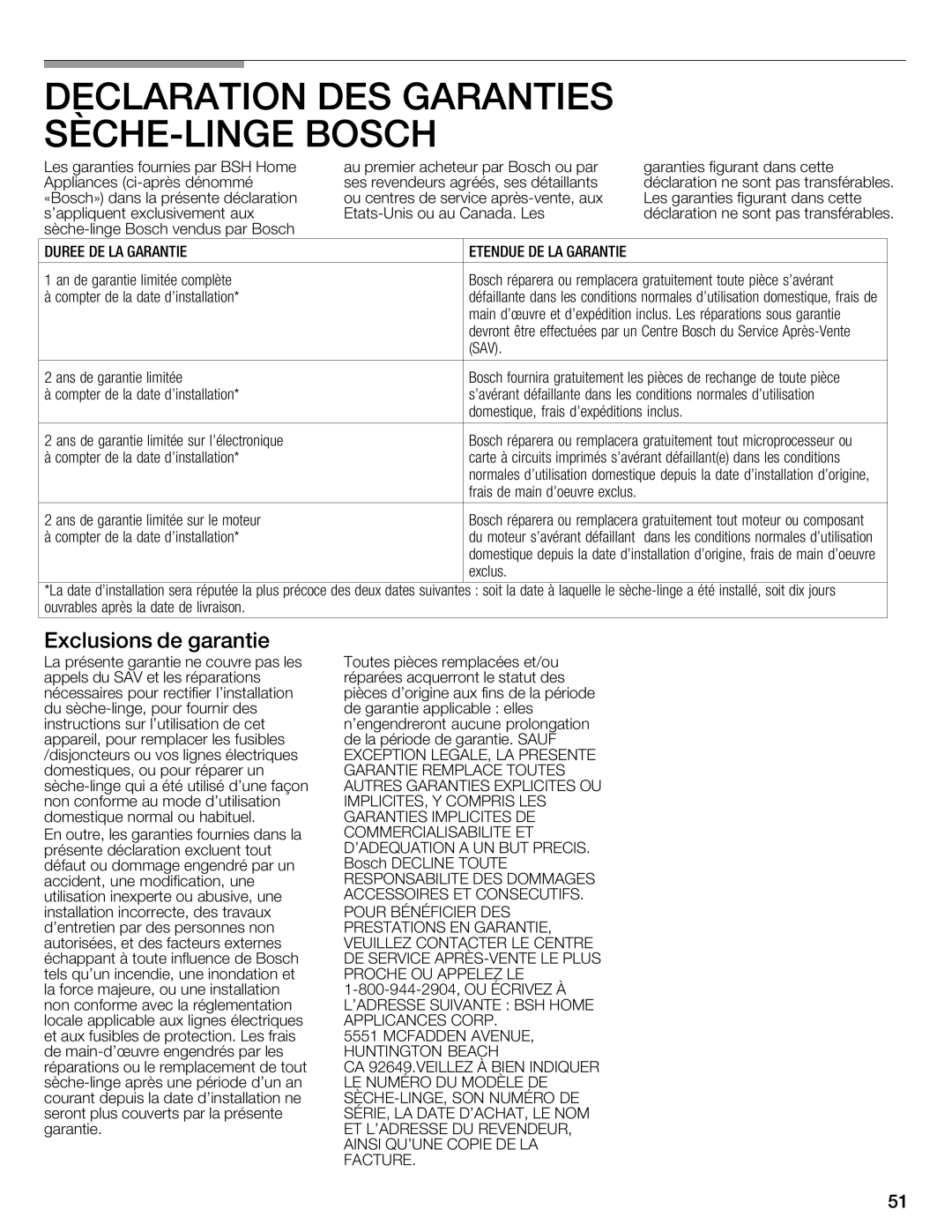 Bosch Appliances WTMC8520UC, WTMC8521UC manual Declaration DES Garanties SÈCHE\LINGE Bosch, Exclusions Garantie 