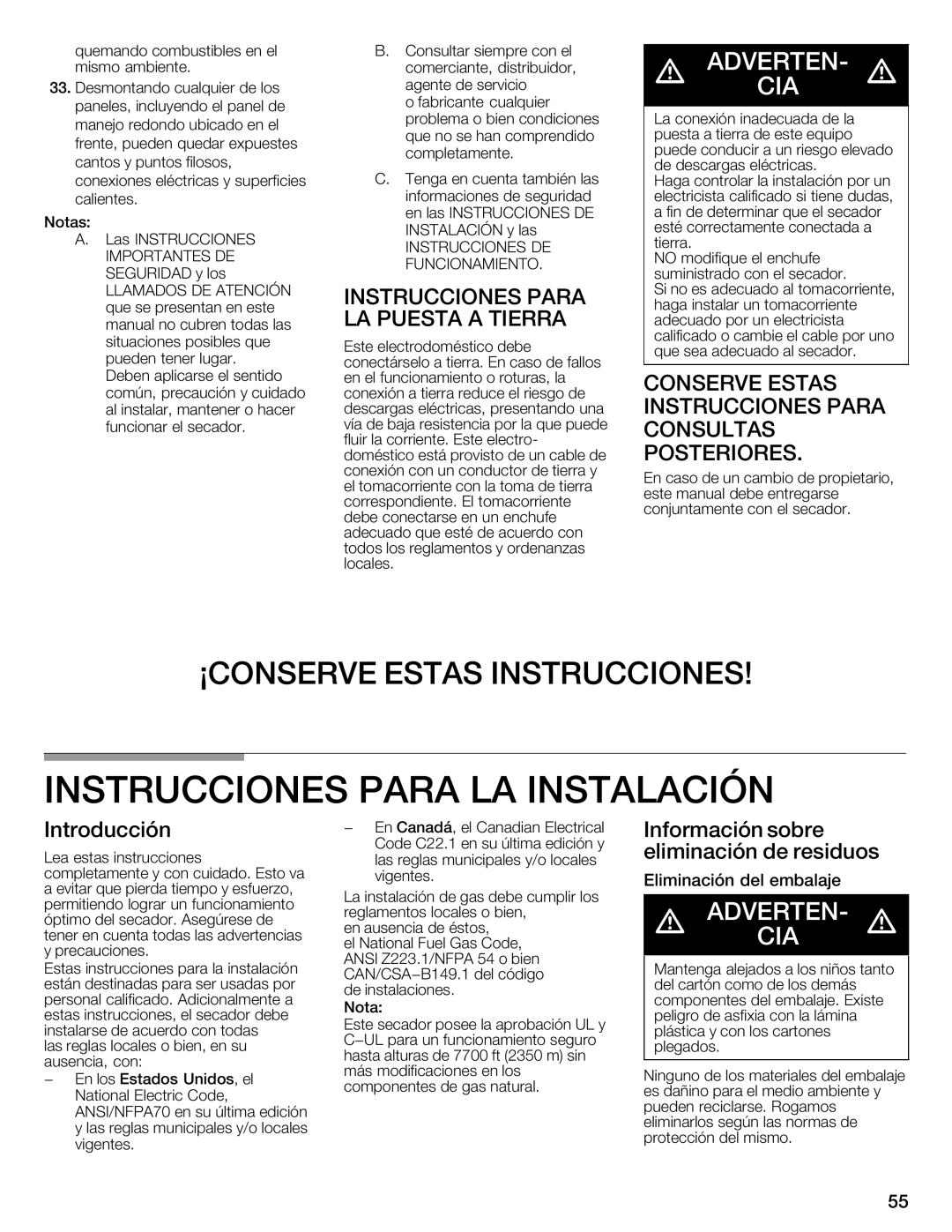 Bosch Appliances WTMC8520UC Instrucciones Para LA Instalación, Introducción, Información Sobre, Residuos, Eliminación 