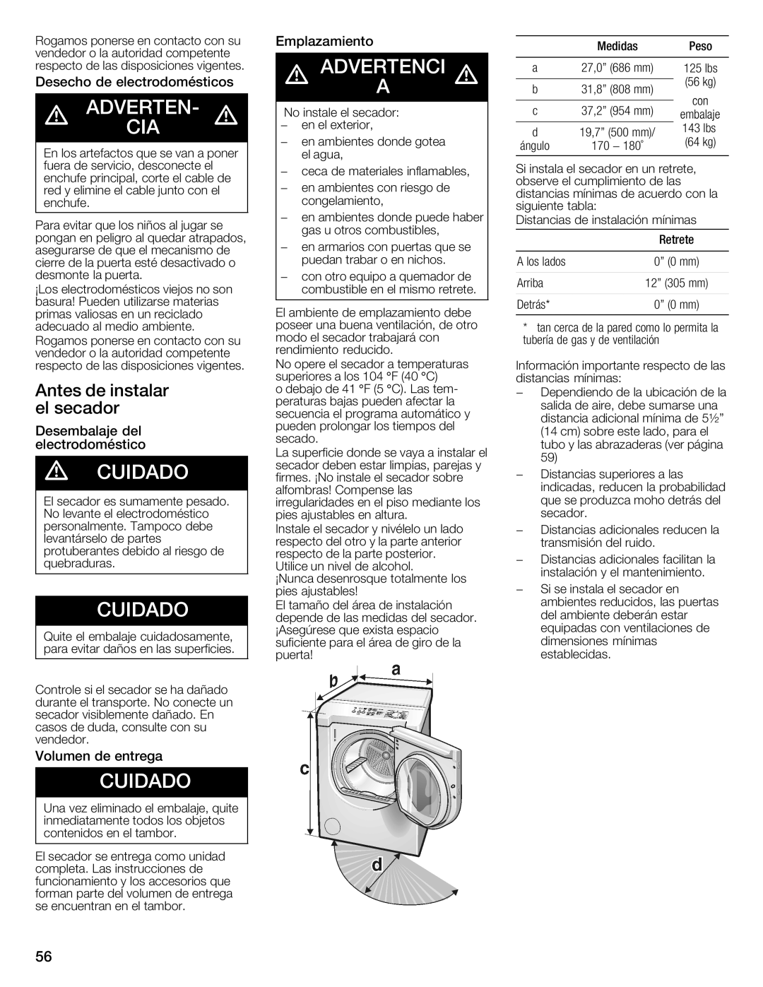 Bosch Appliances WTMC8521UC, WTMC8520UC manual Antes Instalar, El secador 