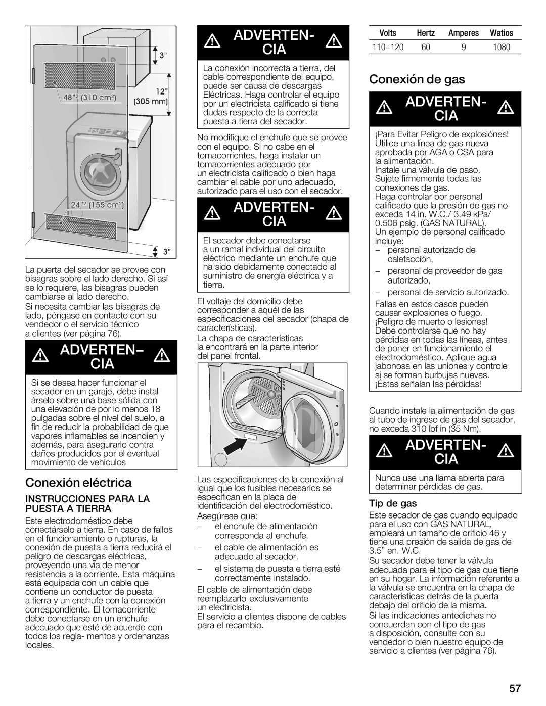 Bosch Appliances WTMC8520UC, WTMC8521UC manual Conexión de gas, Conexión Eléctrica, Tip Gas, GAS Natural 