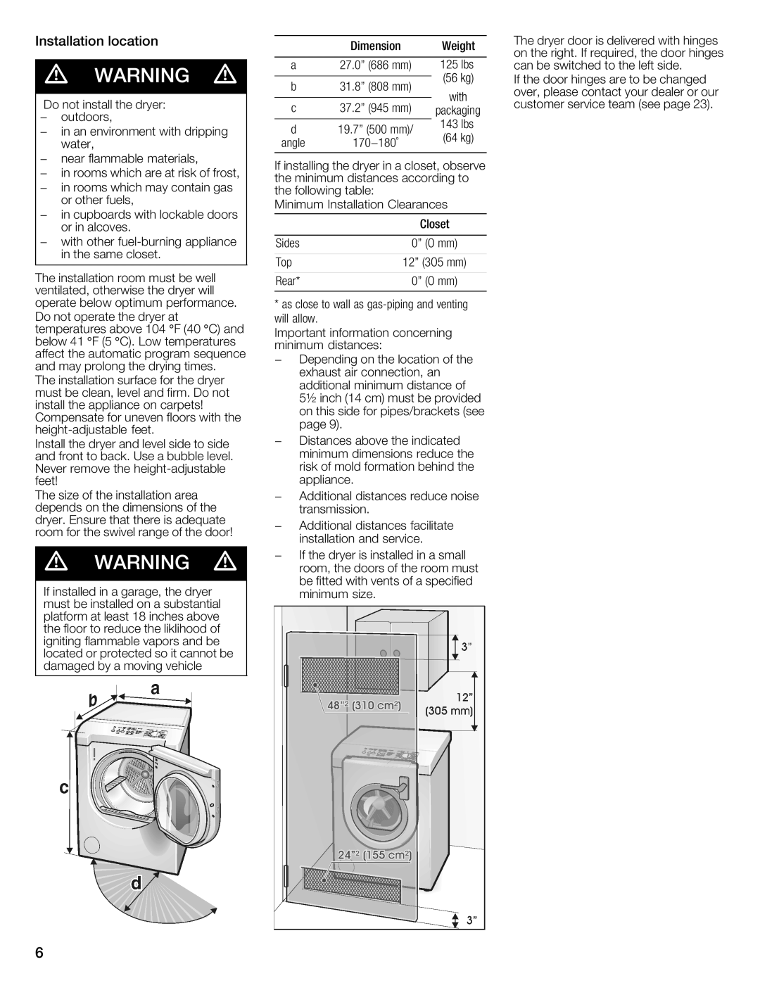 Bosch Appliances WTMC8521UC, WTMC8520UC manual Installation Location 