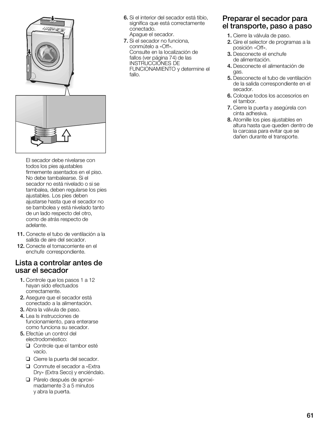 Bosch Appliances WTMC8520UC, WTMC8521UC manual Lista a controlar antes de usar el secador 