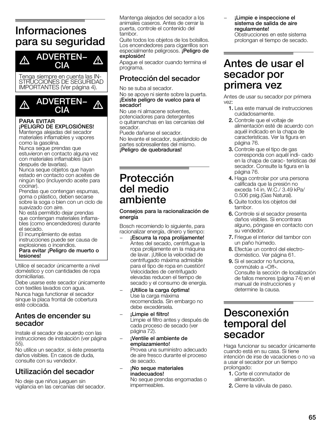 Bosch Appliances WTMC8520UC Informaciones, Para, Seguridad Los, Antes Usar, Secador Por, Primera Vez, Protección, Del 