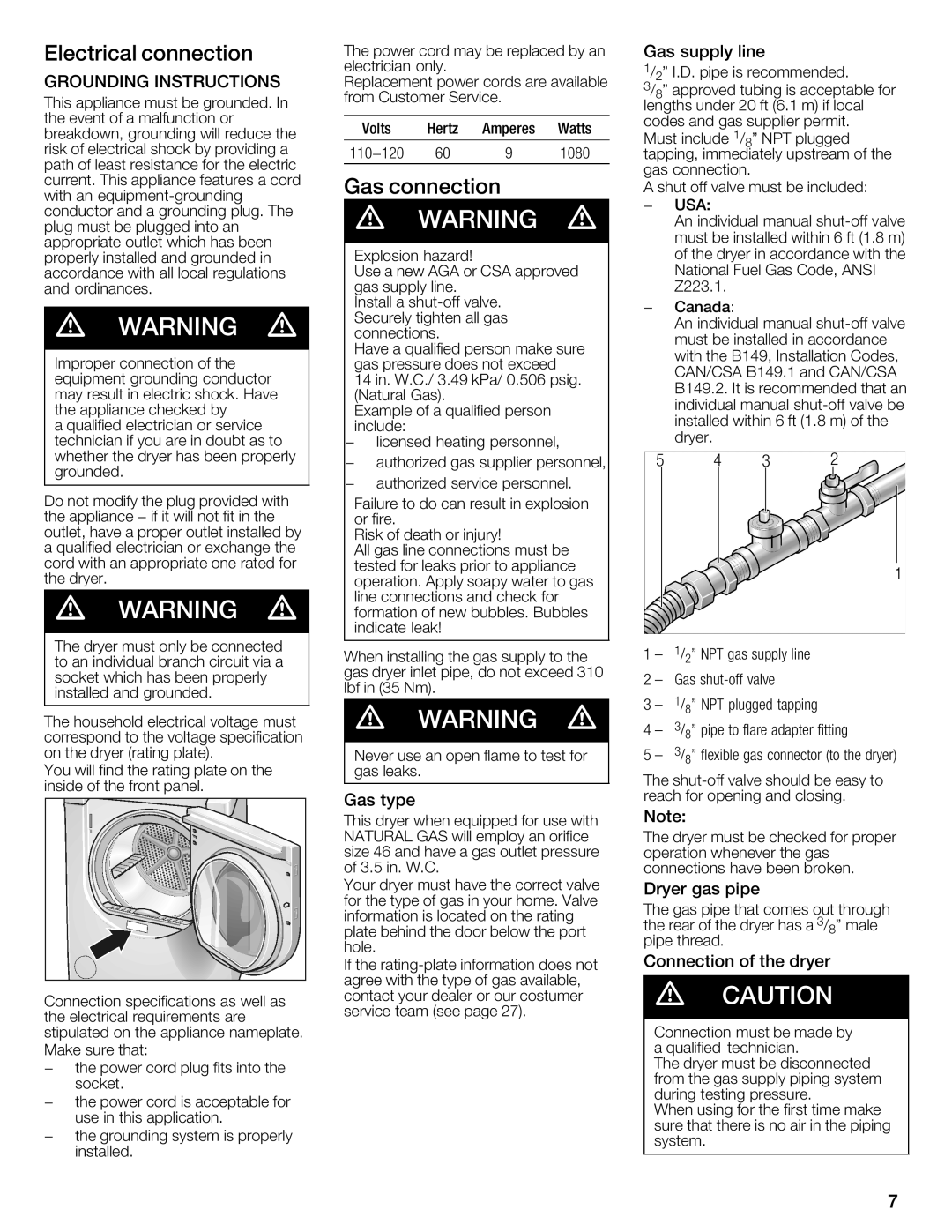 Bosch Appliances WTMC8520UC, WTMC8521UC manual Electrical Connection, Gas Connection 