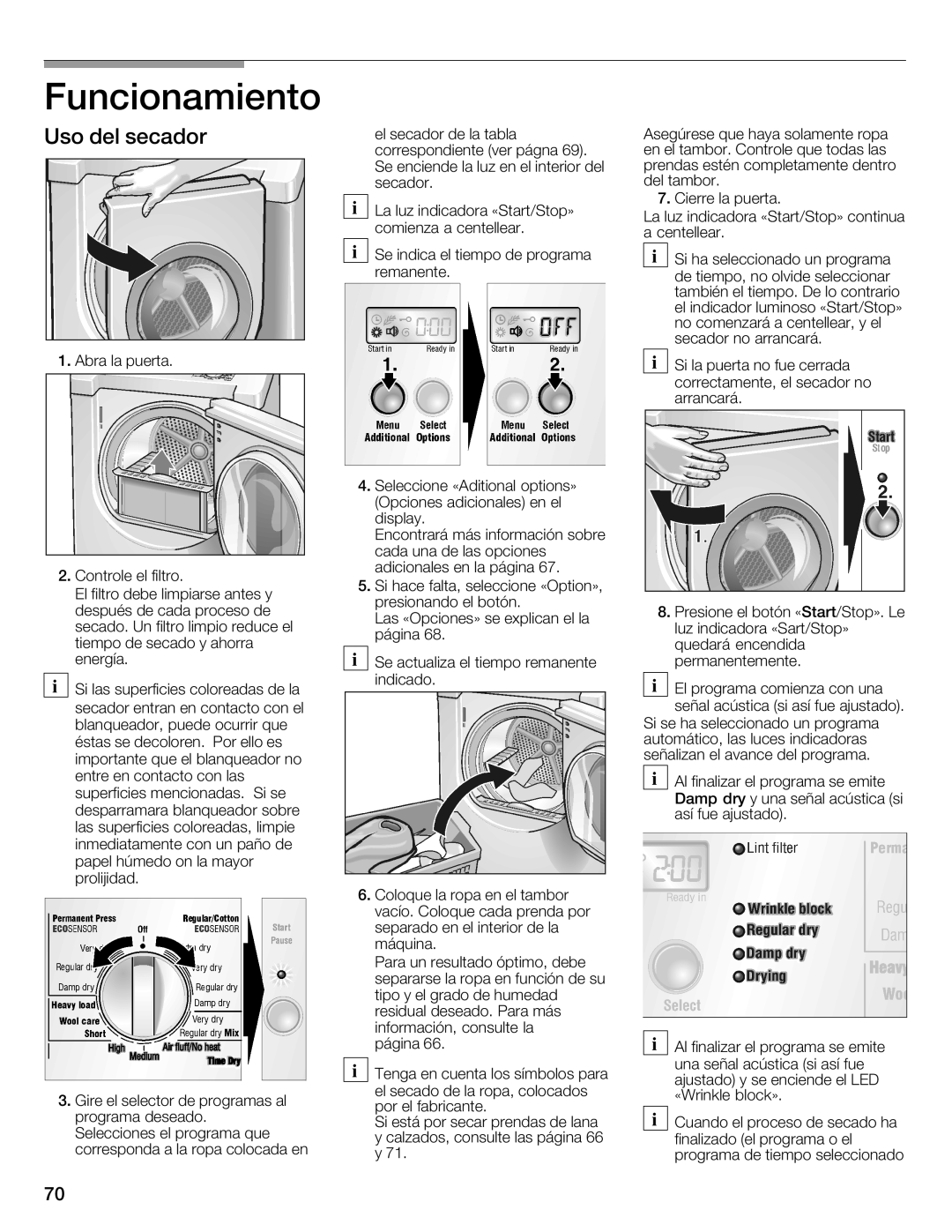 Bosch Appliances WTMC8521UC, WTMC8520UC manual Funcionamiento, Uso del secador 