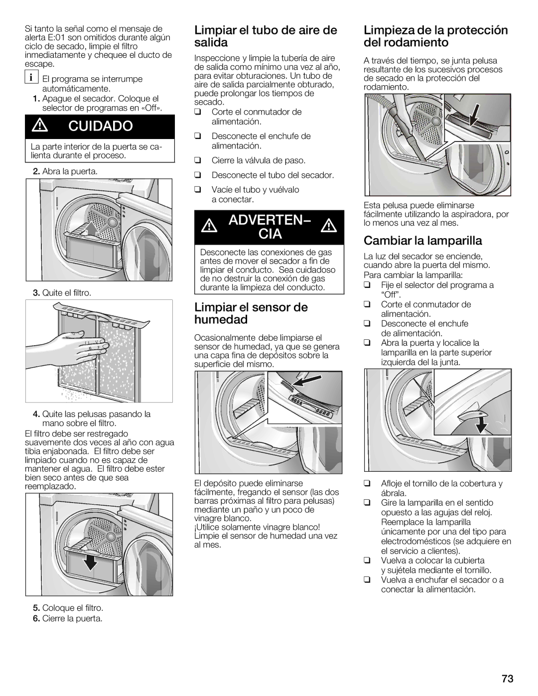 Bosch Appliances WTMC8520UC manual DeLimpiar Tubo Aire DeLimpieza Protección, Salida Del rodamiento, Cambiar Lamparilla 