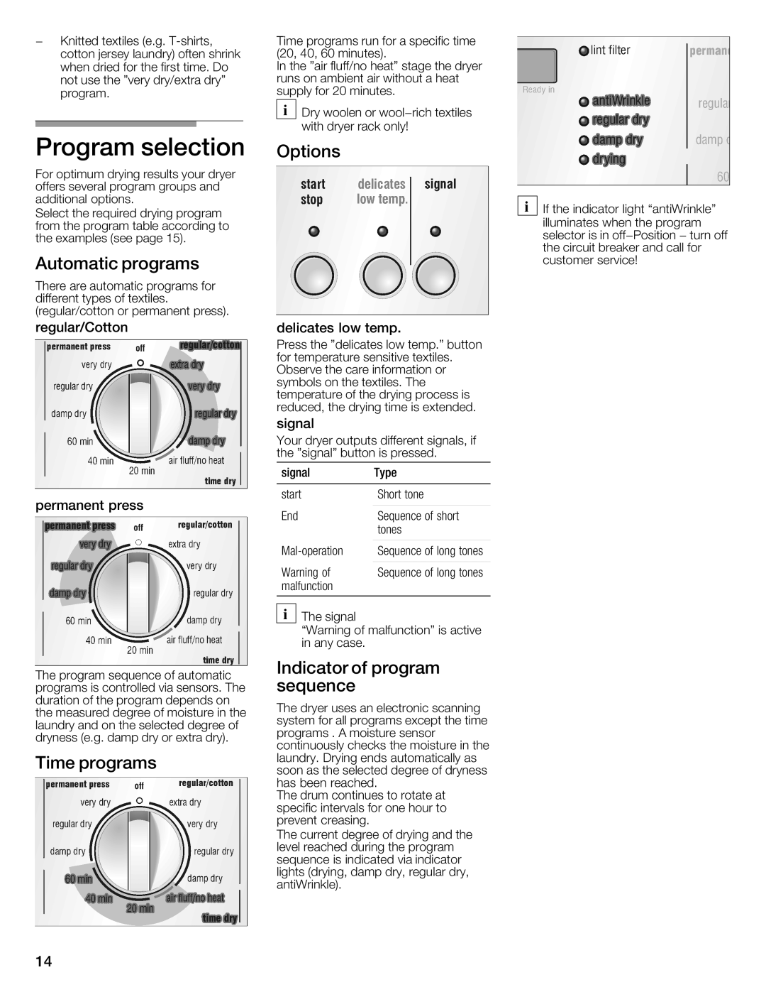 Bosch Appliances WTXD5321US, WTXD5321CN Program Selection, Options, Automatic programs, Indicator Program, Time Programs 