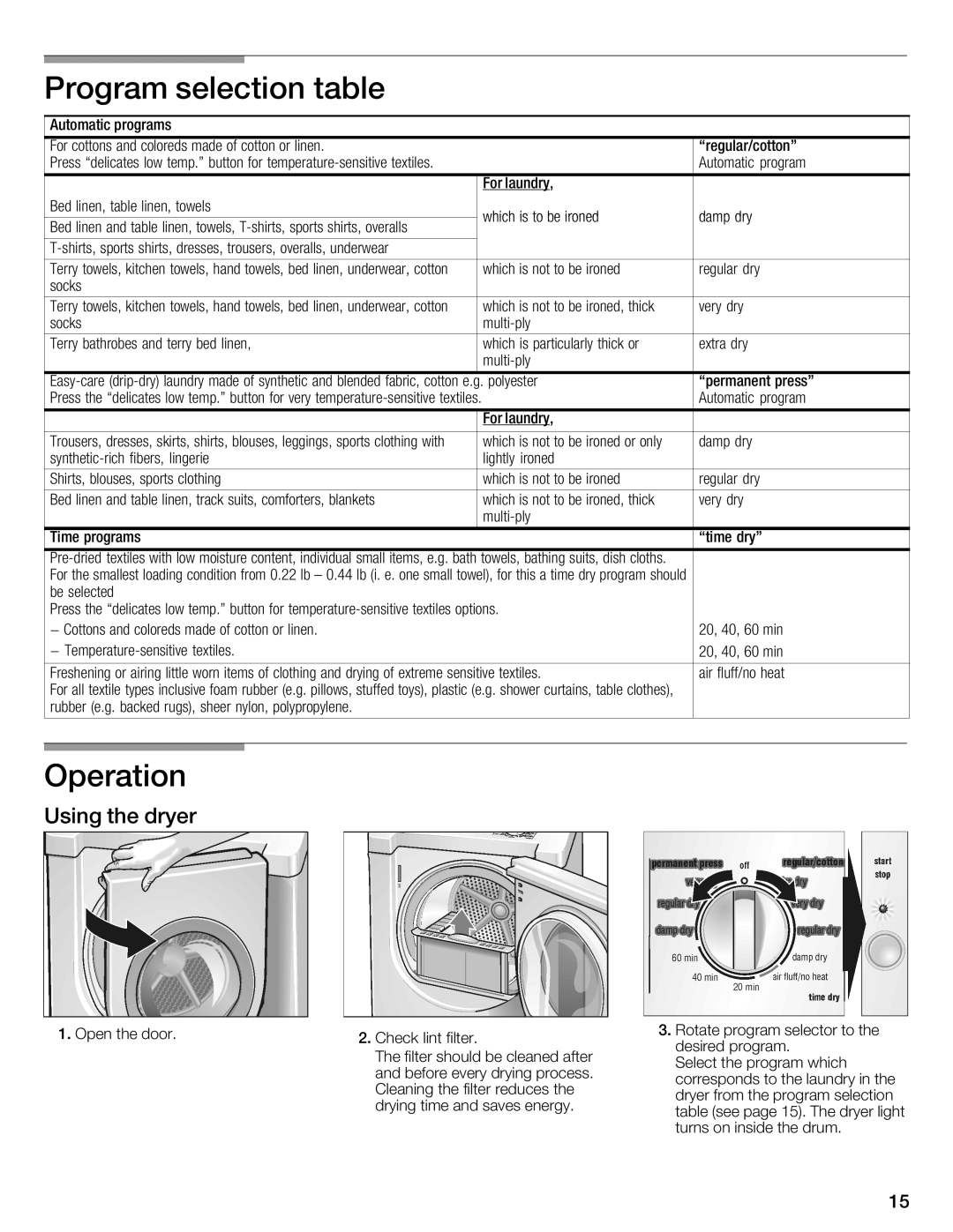 Bosch Appliances WTXD5321CN, WTXD5321US installation instructions Operation, Using the dryer 