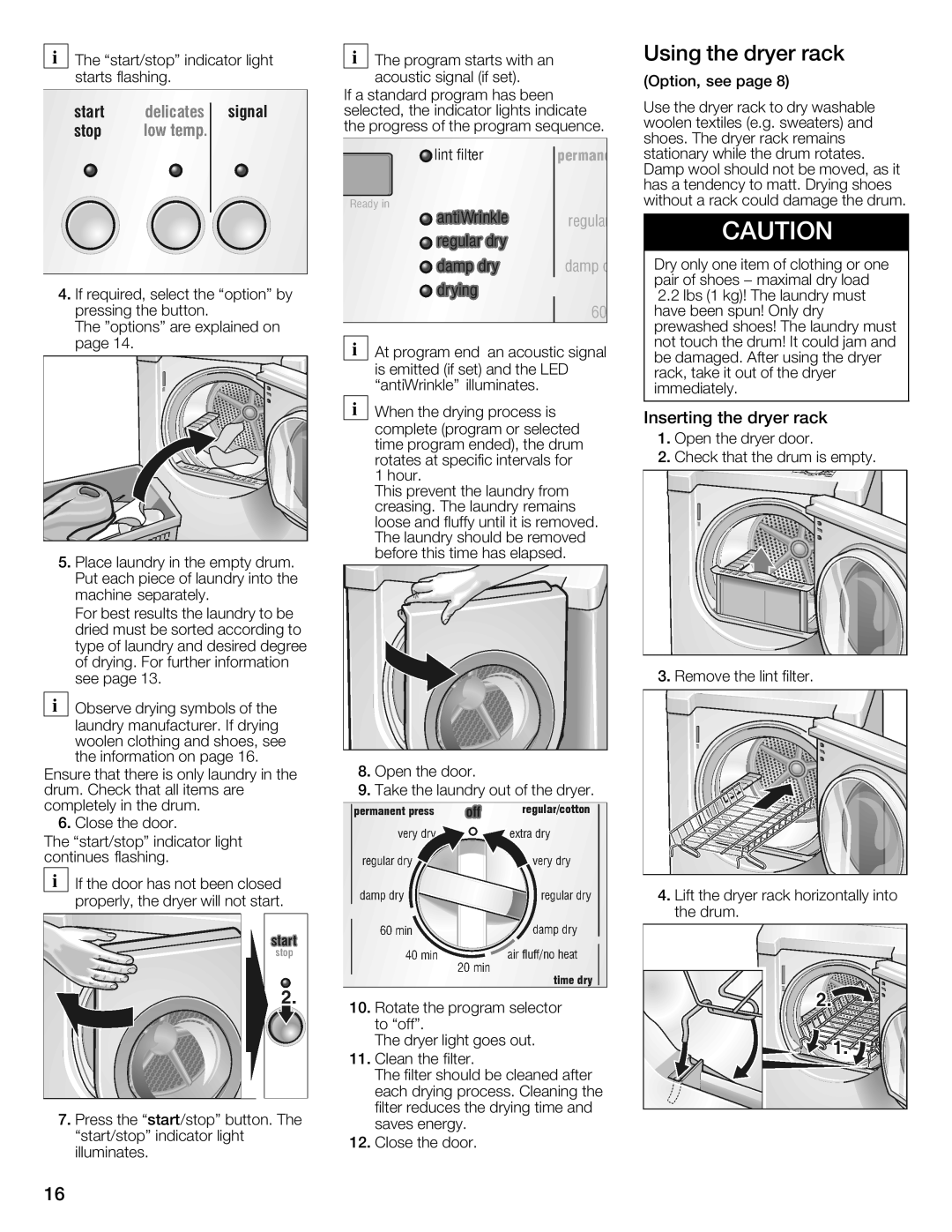 Bosch Appliances WTXD5321US, WTXD5321CN installation instructions Using the dryer rack, Inserting Dryer Rack, Led 