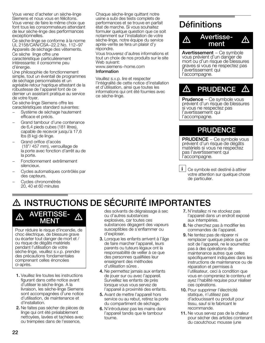 Bosch Appliances WTXD5321US, WTXD5321CN installation instructions Définitions, Instructions, Sécurité 