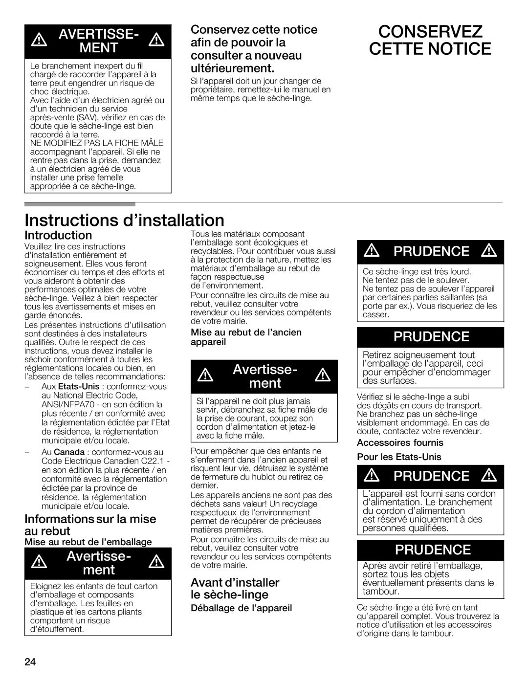 Bosch Appliances WTXD5321US, WTXD5321CN installation instructions Conservez Cette Notice, Instructions Dinstallation 