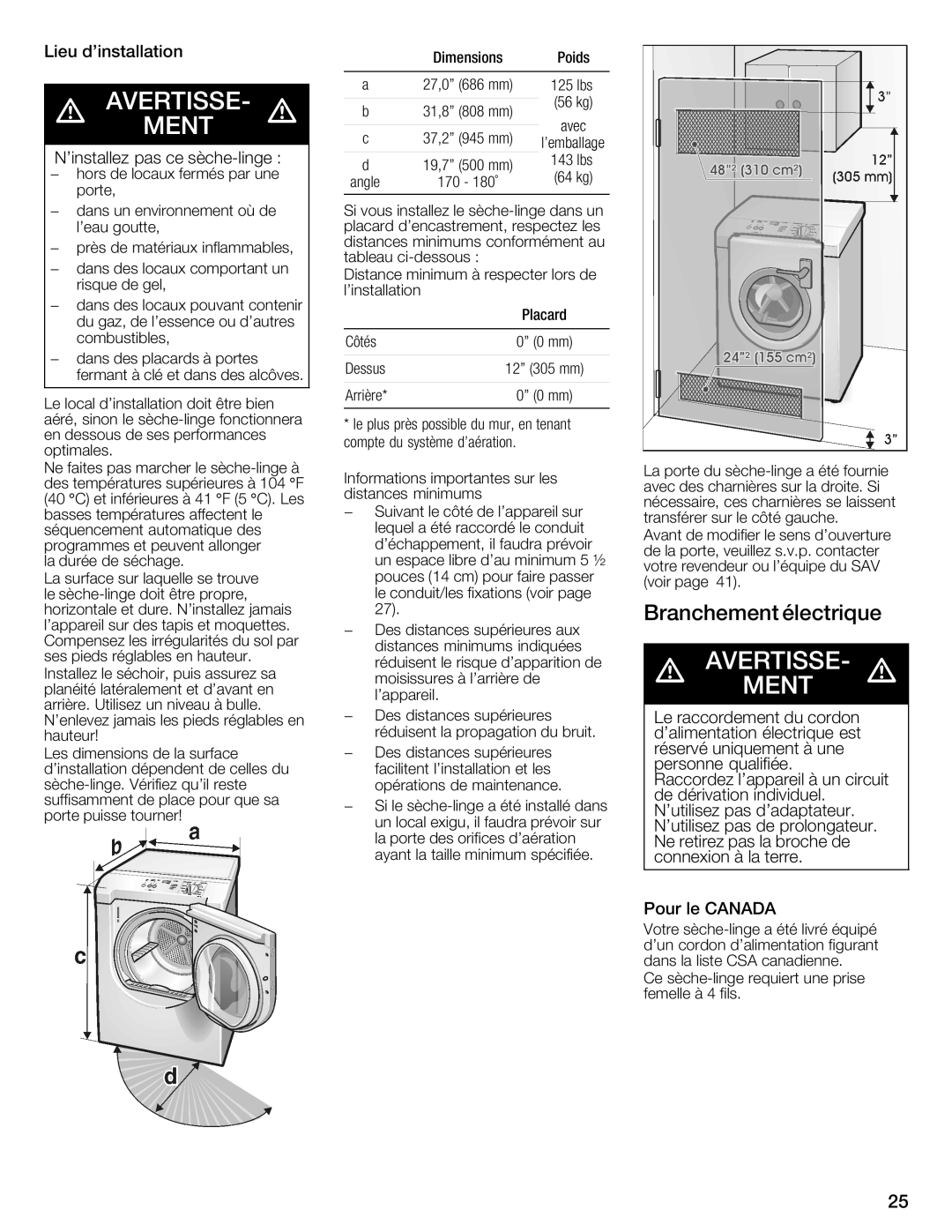 Bosch Appliances WTXD5321CN, WTXD5321US installation instructions Branchement Électrique 