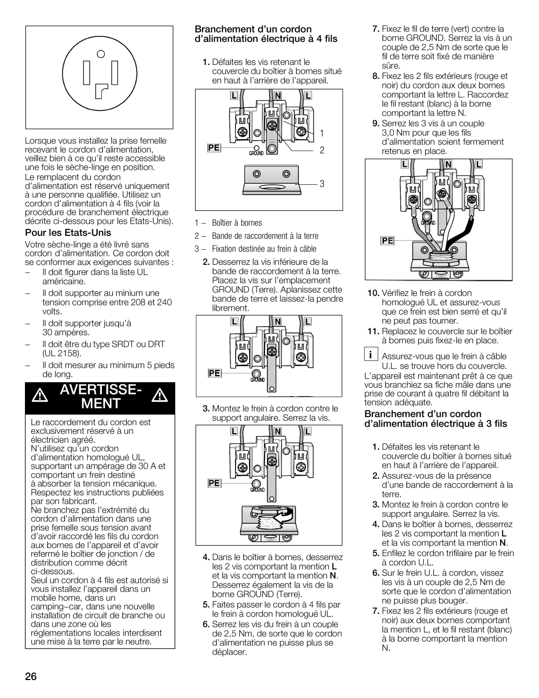 Bosch Appliances WTXD5321US, WTXD5321CN Branchement Dun Cordon, Dalimentation Électrique Fils, Pour Les 