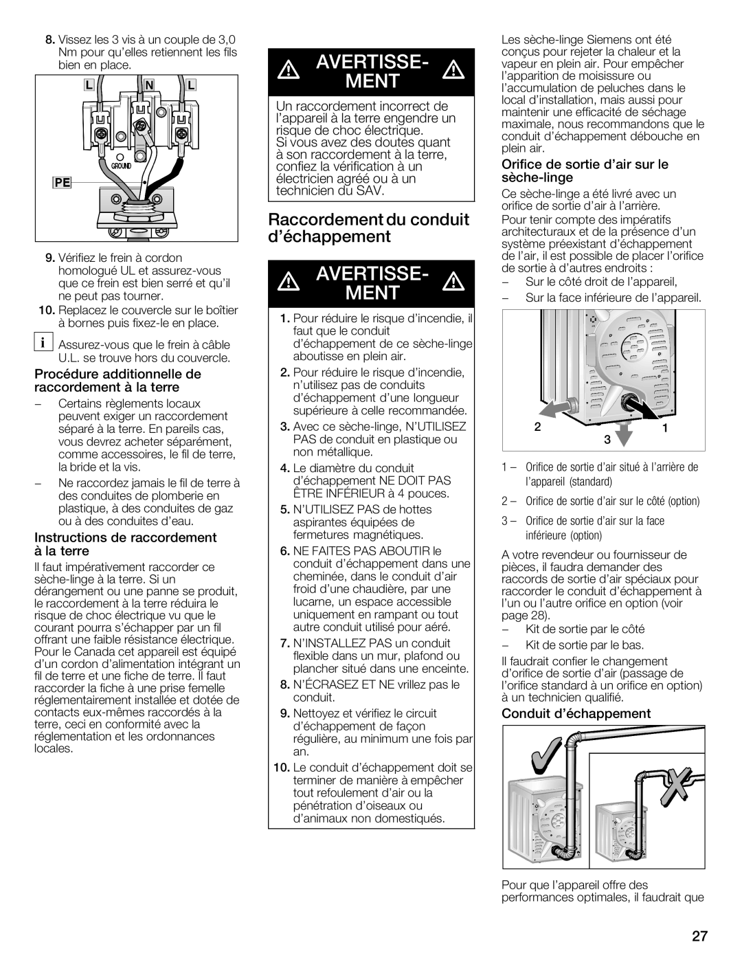 Bosch Appliances WTXD5321CN, WTXD5321US installation instructions Raccordement Conduit, Déchappement 