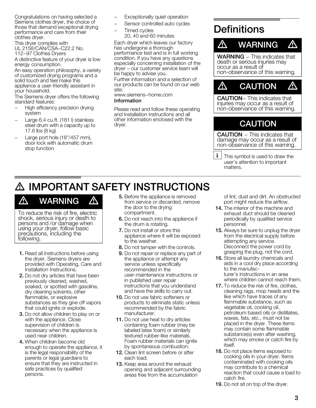 Bosch Appliances WTXD5321CN, WTXD5321US installation instructions Definitions, Safety Instructions 