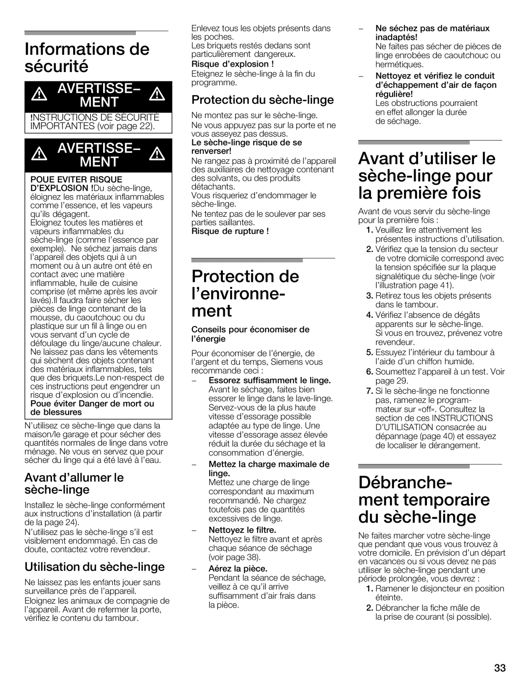 Bosch Appliances WTXD5321CN, WTXD5321US Informations, Sécurité, Dutiliser, Avant, Pour, Première Fois, Protection, Ment 