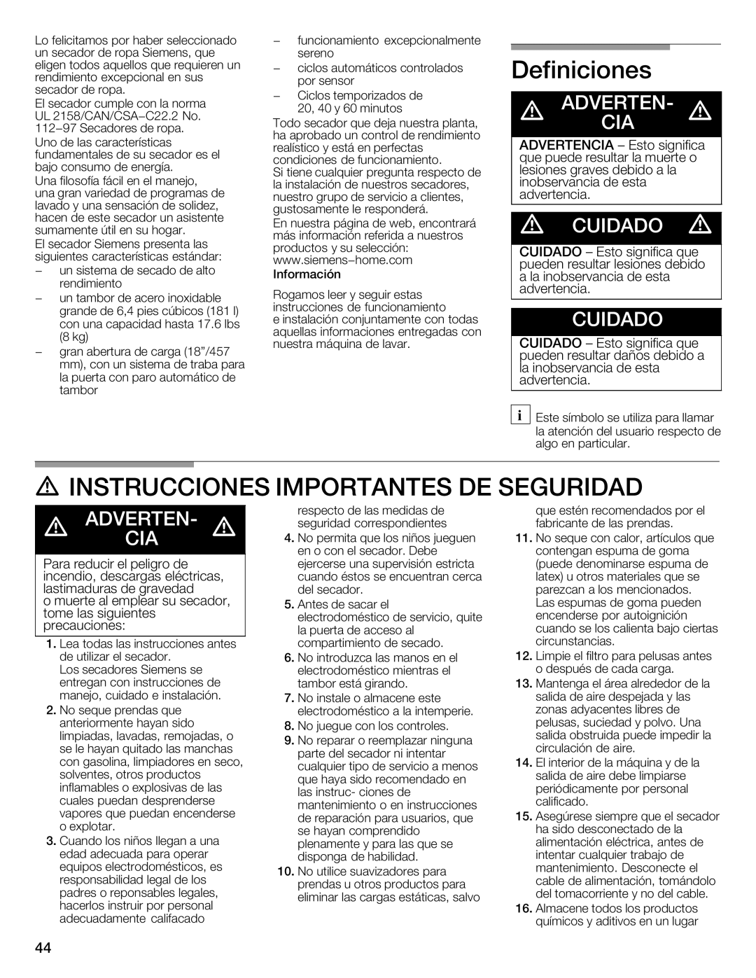 Bosch Appliances WTXD5321US, WTXD5321CN installation instructions Definiciones, Importantes Seguridad 