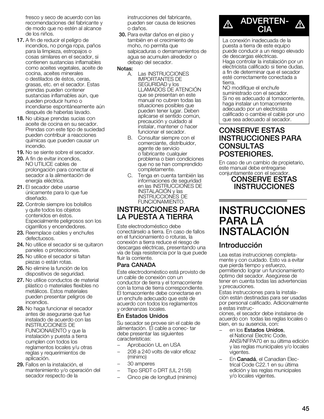 Bosch Appliances WTXD5321CN, WTXD5321US installation instructions Instrucciones, Para, Introducción, Estados Unidos 