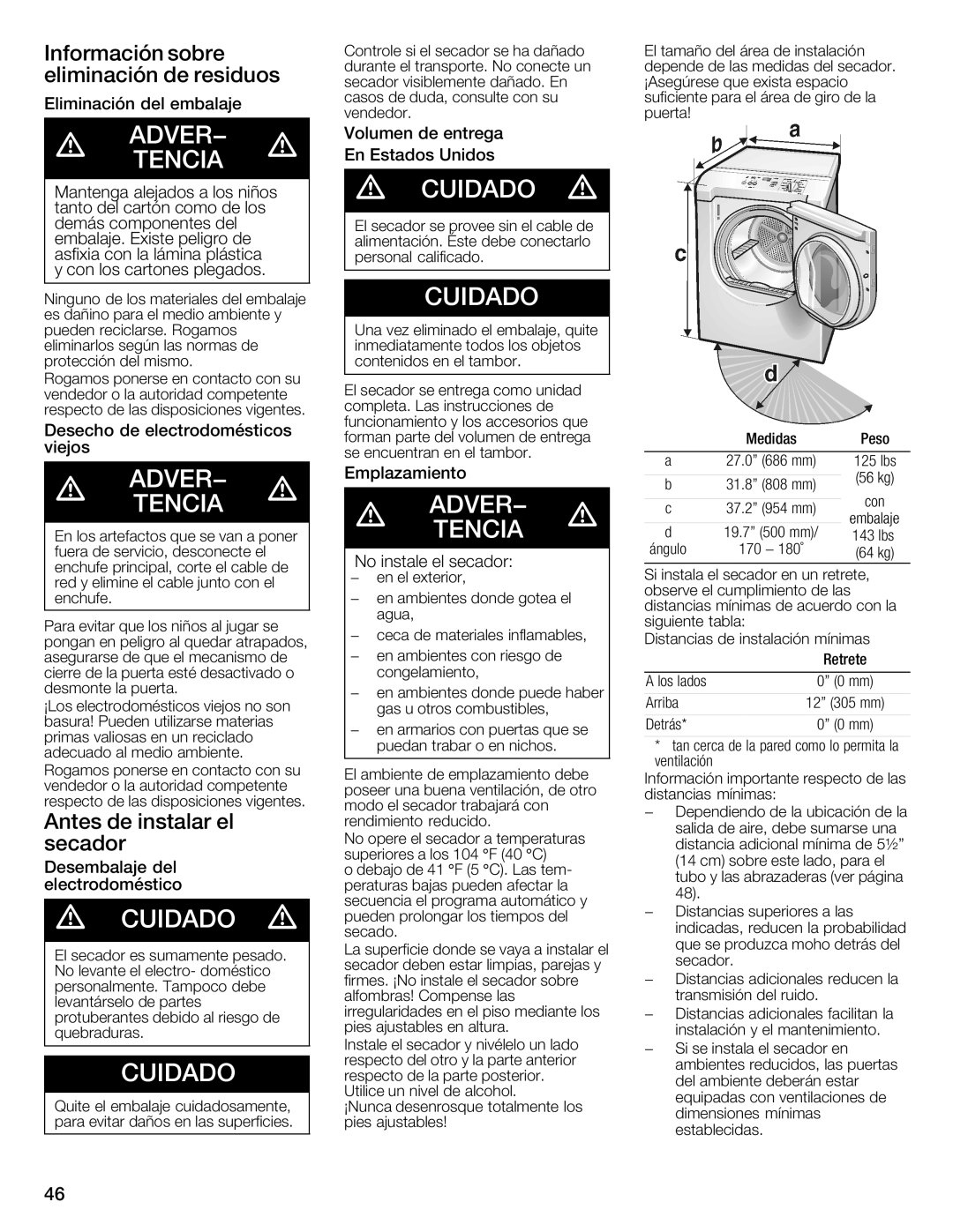 Bosch Appliances WTXD5321US, WTXD5321CN Información Sobre, Eliminación De residuos, Antes Instalar, Secador 