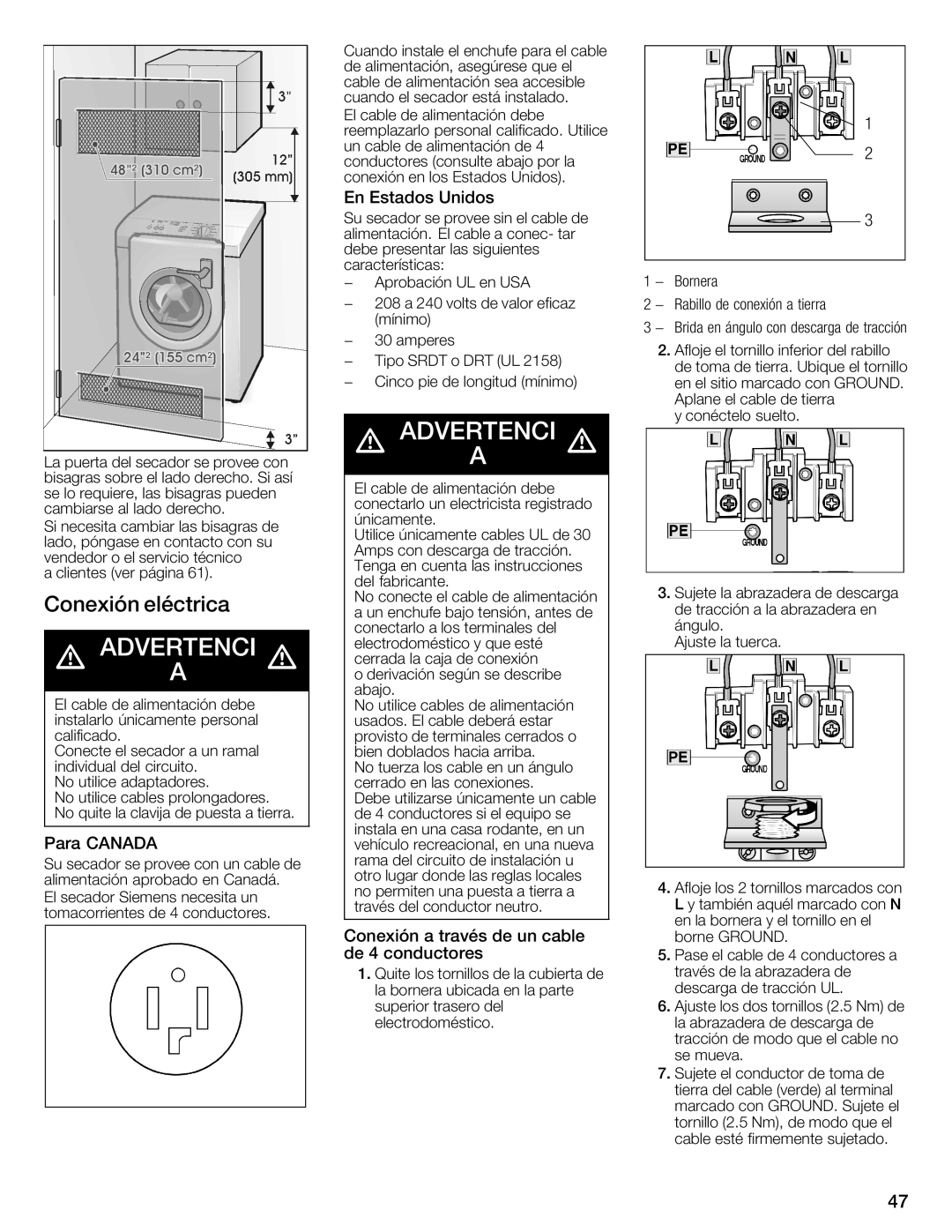 Bosch Appliances WTXD5321CN, WTXD5321US Conexión Eléctrica, Conexión a Través Cable, Conductores, Drt Ul 