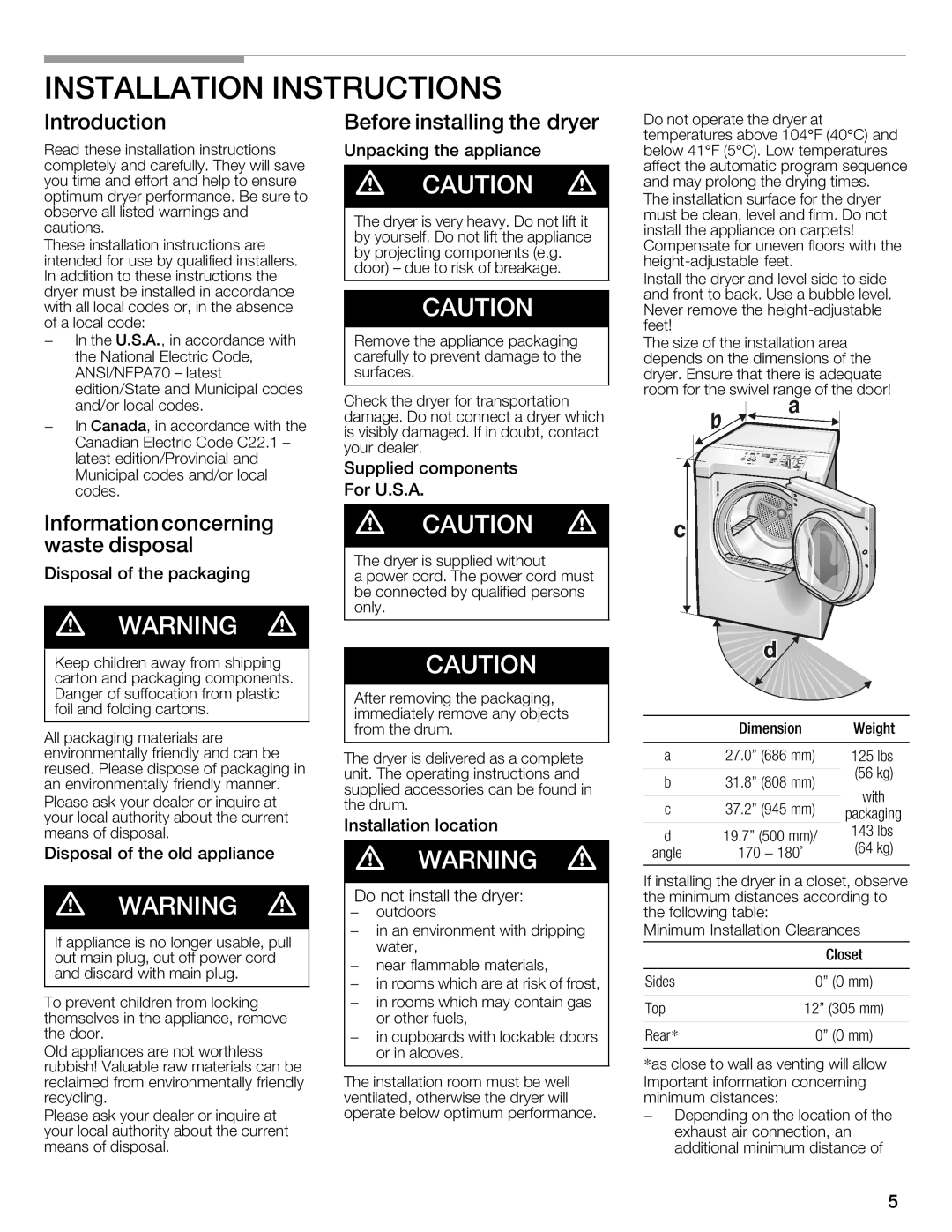 Bosch Appliances WTXD5321CN, WTXD5321US Installation Instructions, Introduction Before Installing Dryer 