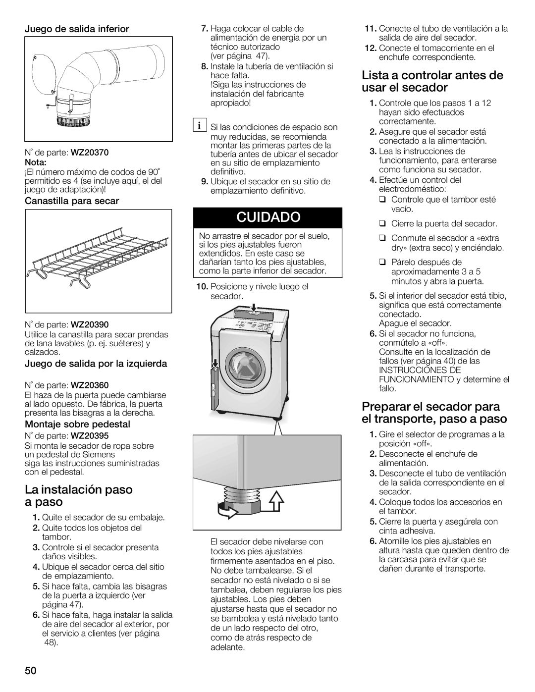 Bosch Appliances WTXD5321US, WTXD5321CN Lista Controlar Antes, Usar Secador, Preparar Secador Para, El transporte Paso 