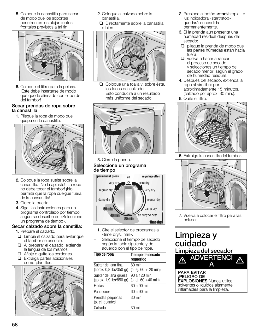 Bosch Appliances WTXD5321US Limpieza y cuidado, Limpieza del secador, Secar prendas de ropa sobre la canastilla 