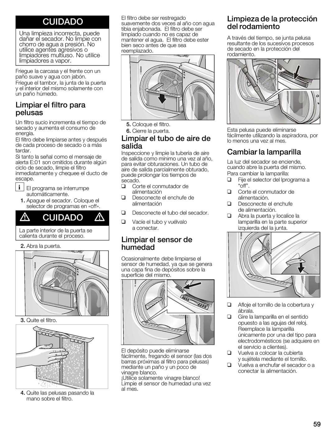 Bosch Appliances WTXD5321CN Limpieza Protección, Del rodamiento, Limpiar el filtro para pelusas, Tubo Aire, Lamparilla 