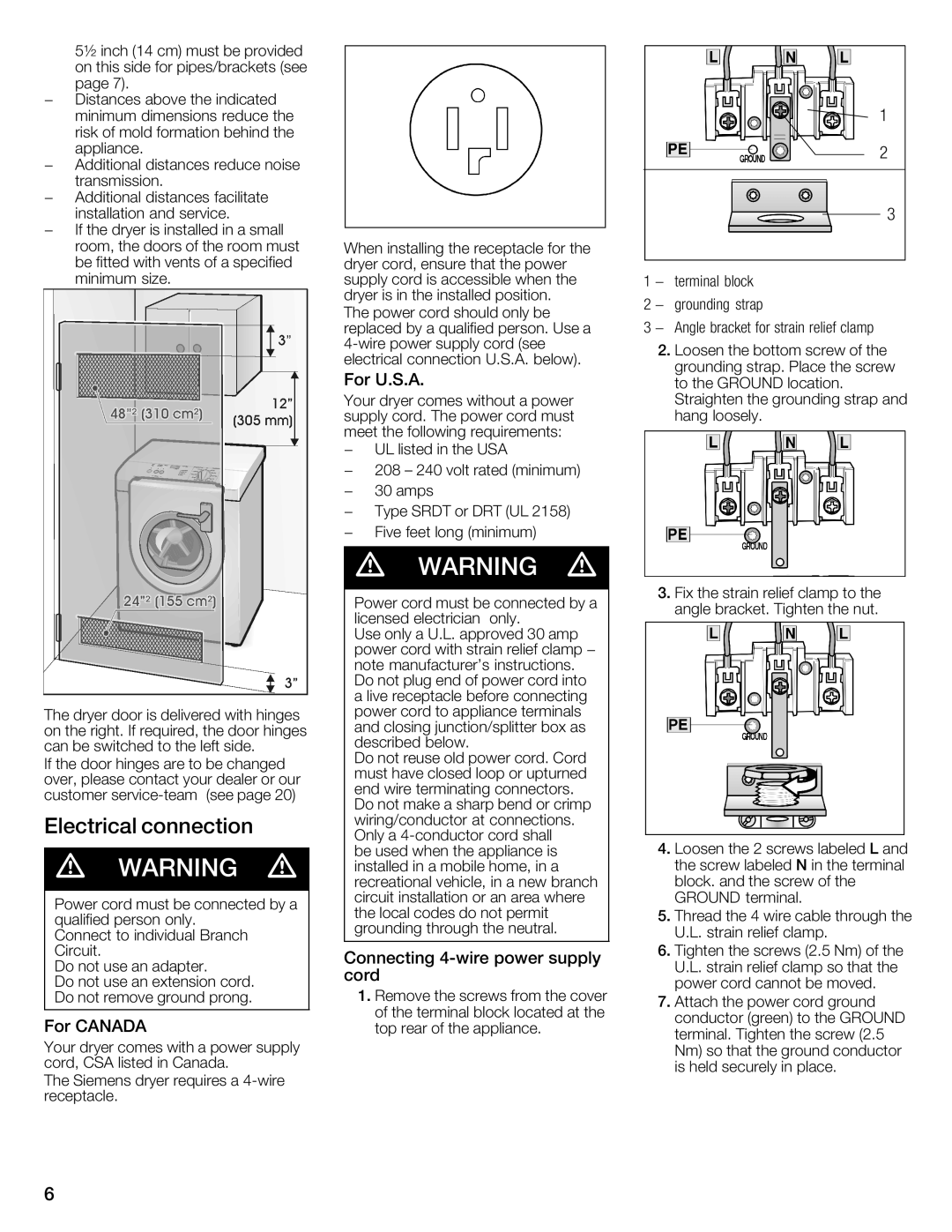 Bosch Appliances WTXD5321US, WTXD5321CN Electrical Connection, For U.S.A, Connecting, Power Supply, Cord 