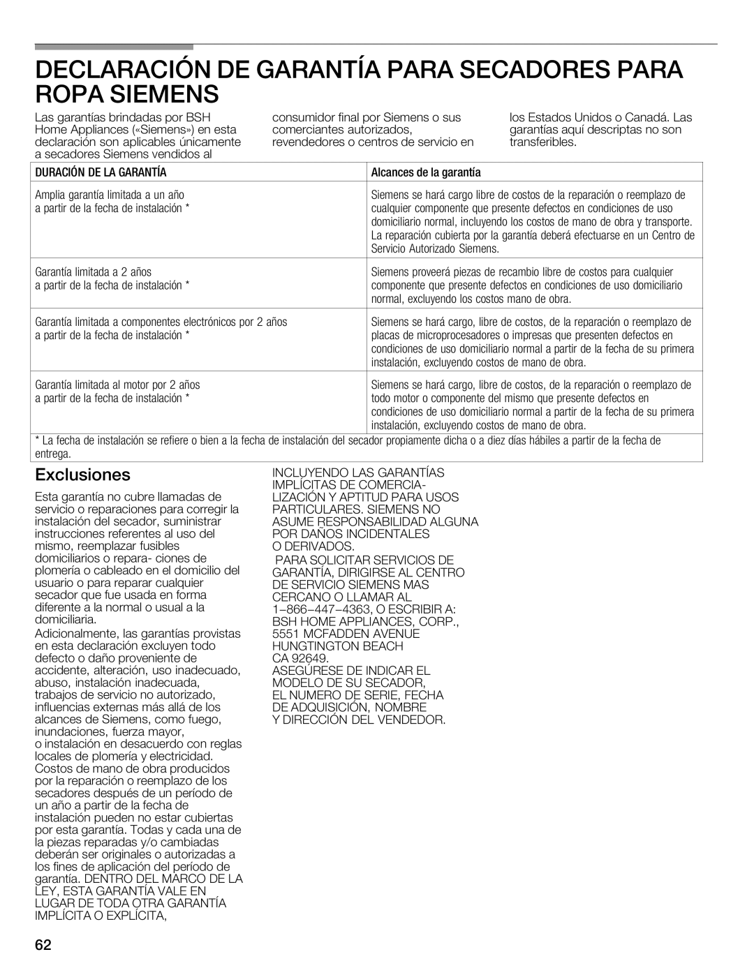 Bosch Appliances WTXD5321US, WTXD5321CN installation instructions Secadores Para, Dirección DEL Vendedor 