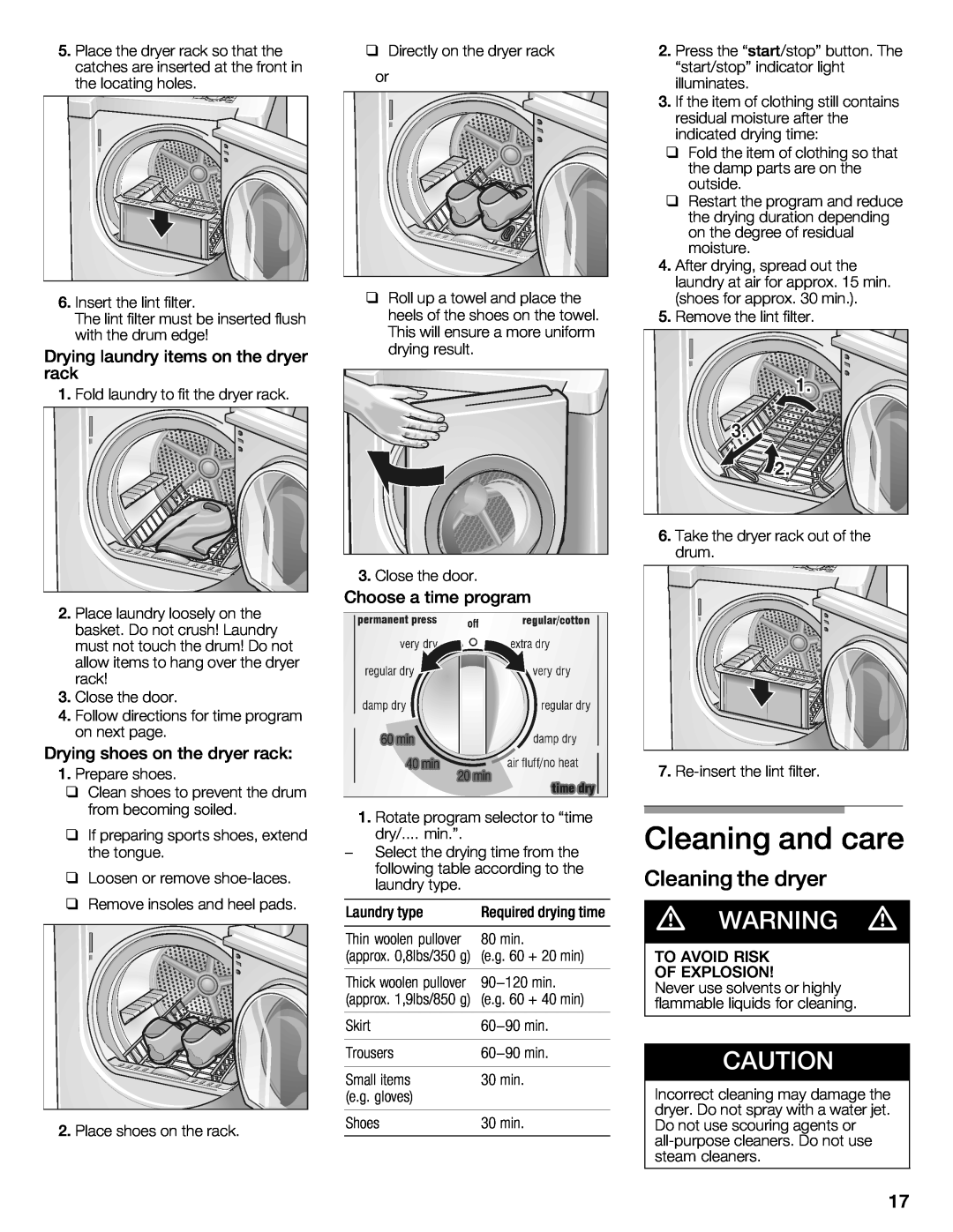 Bosch Appliances WTXD5321CN, WTXD5321US installation instructions Cleaning and care, d WARNING d, Cleaning the dryer 