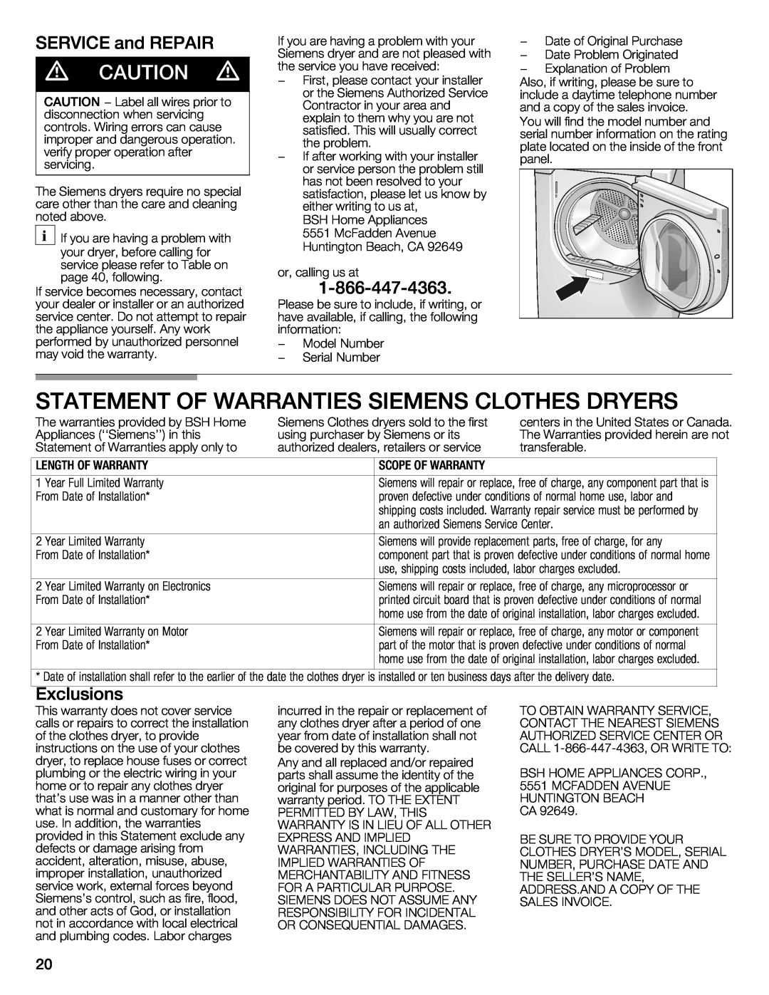 Bosch Appliances WTXD5321US Statement Of Warranties Siemens Clothes Dryers, Repair, Exclusions, Service, 1W866W447W4363 