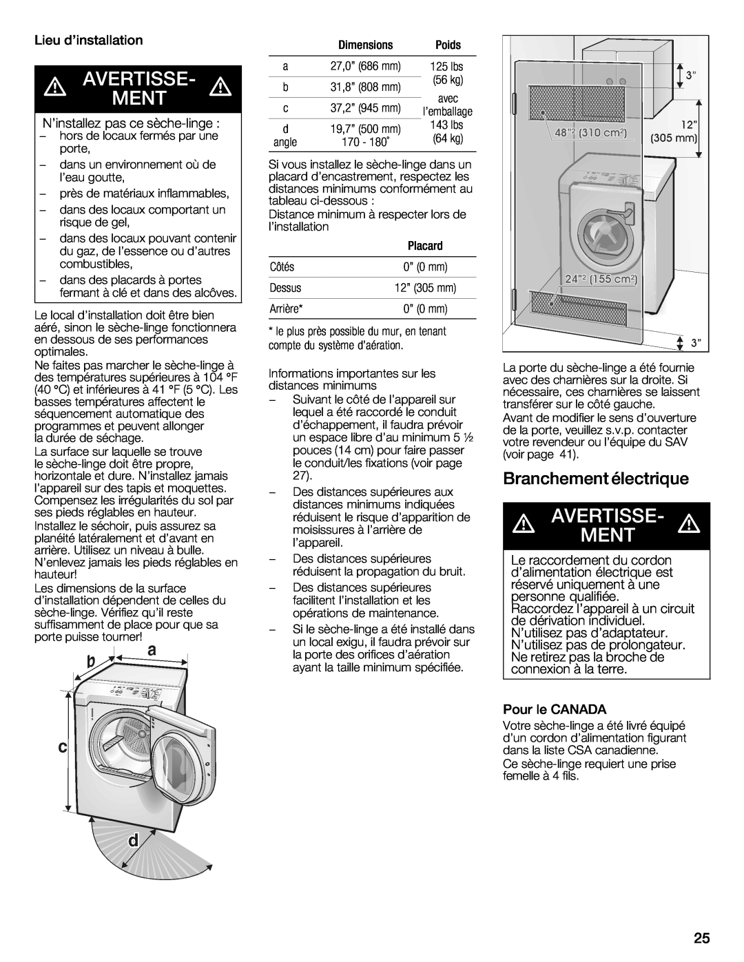 Bosch Appliances WTXD5321CN, WTXD5321US installation instructions d AVERTISSEW, Ment, AVERTISSEW d, Branchement, électrique 