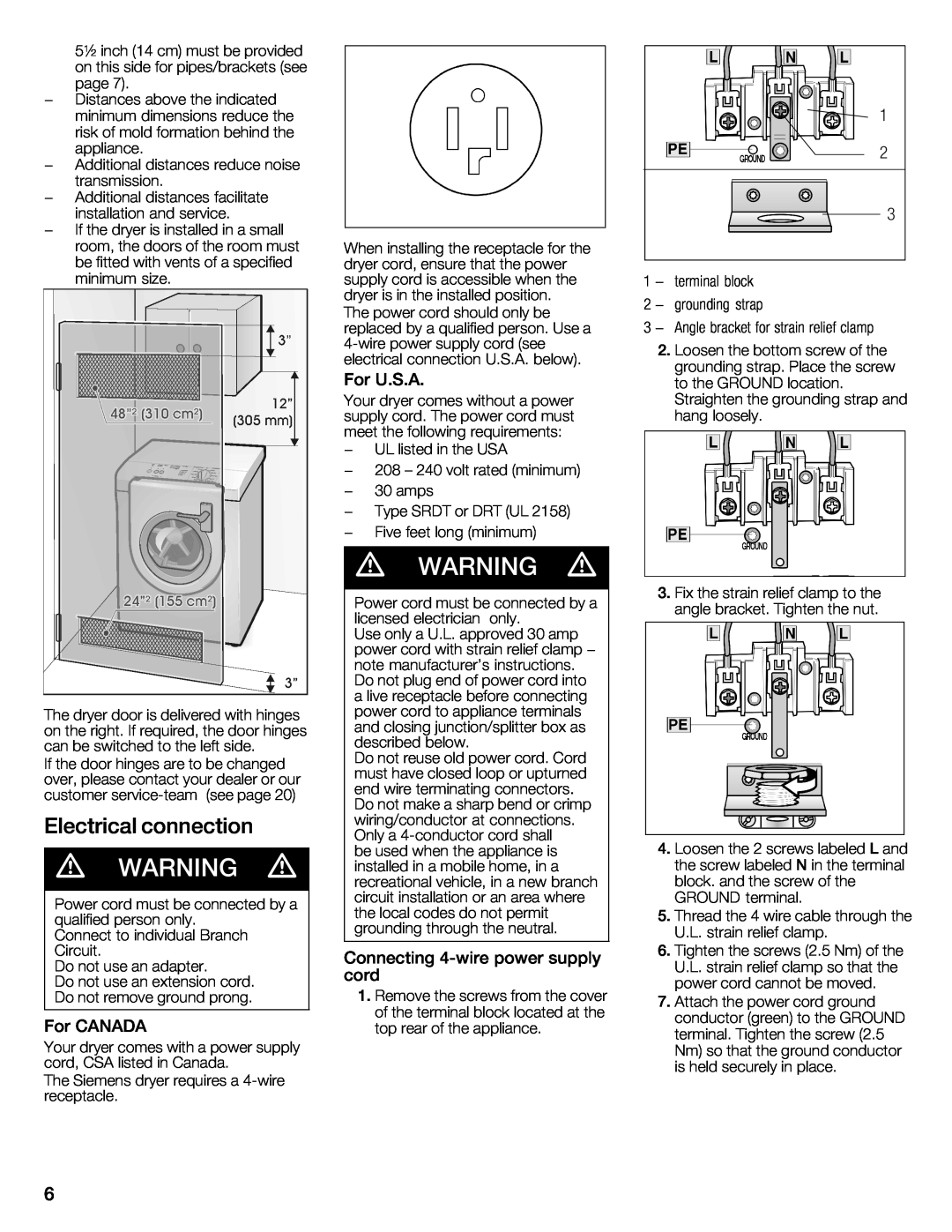 Bosch Appliances WTXD5321US, WTXD5321CN installation instructions d WARNING, Electrical, connection, 4Wwire 